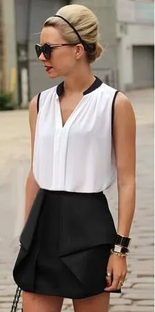 V-neck Patchwork Sleeveless Brief Slim Chiffon Blouse
