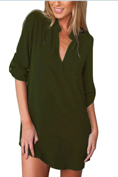V-neck Pure Color 3/4 Sleeves Long Chiffon Blouse