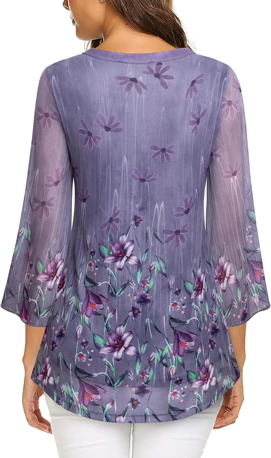 VALOLIA Women's 3/4 Sleeve Floral Tunic Tops V Neck Double Layers Loose Fit Mesh Blouses Shirt