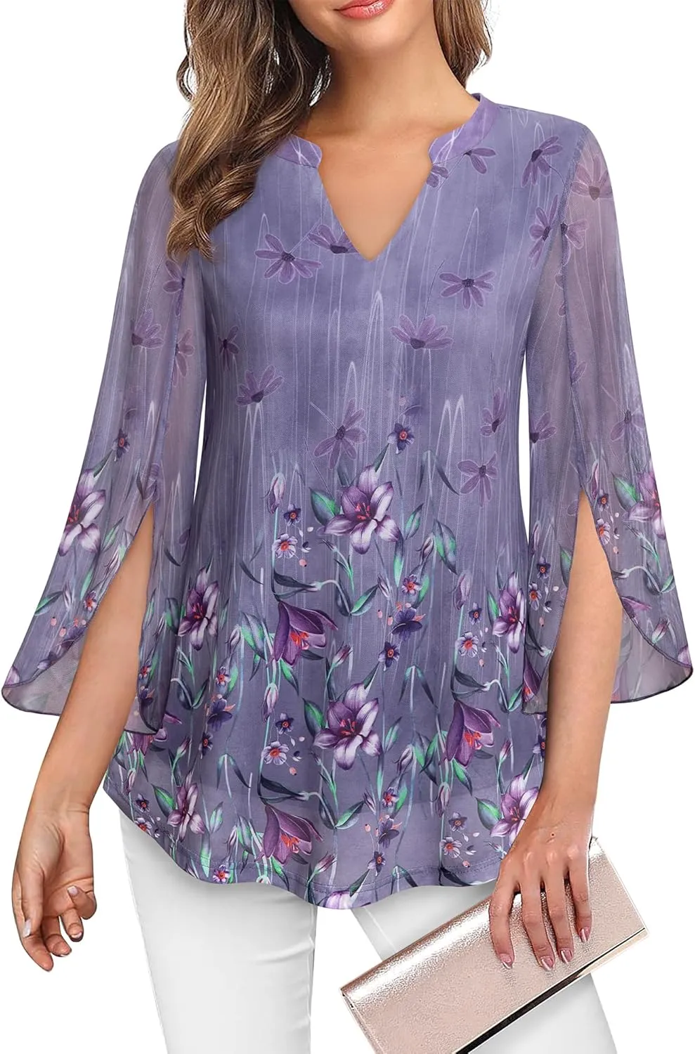 VALOLIA Women's 3/4 Sleeve Floral Tunic Tops V Neck Double Layers Loose Fit Mesh Blouses Shirt