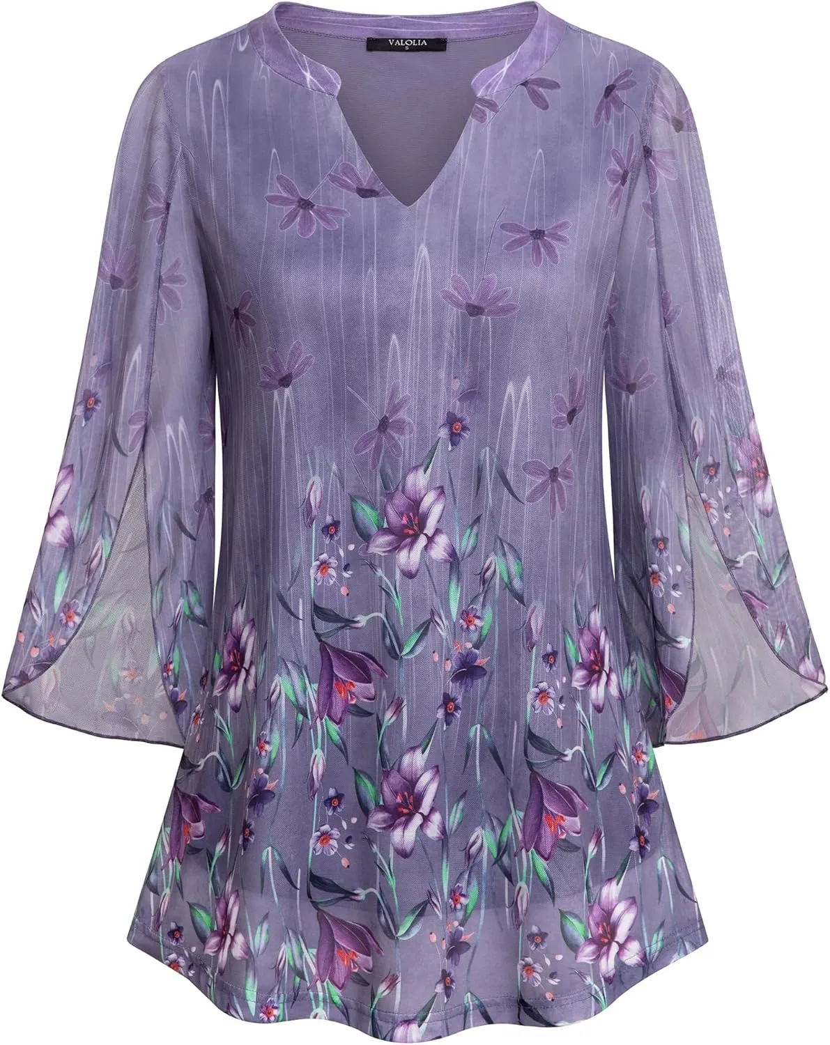 VALOLIA Women's 3/4 Sleeve Floral Tunic Tops V Neck Double Layers Loose Fit Mesh Blouses Shirt