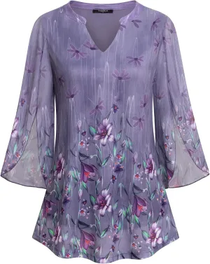 VALOLIA Women's 3/4 Sleeve Floral Tunic Tops V Neck Double Layers Loose Fit Mesh Blouses Shirt