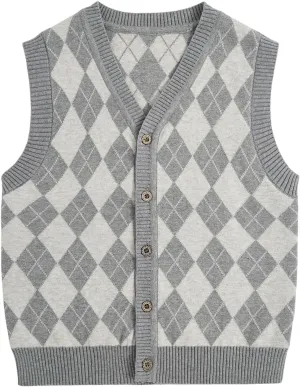Verdusa Boy's Sweater Vest Button Up Sleeveless Argyle Print Knit V Neck Cardigan Sweaters Top