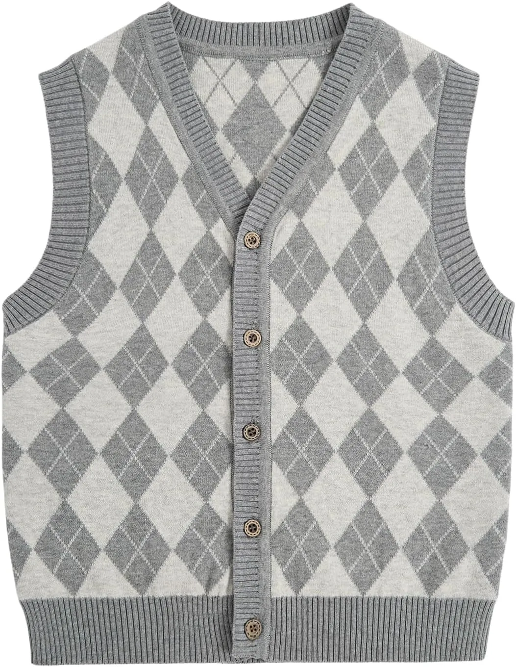 Verdusa Boy's Sweater Vest Button Up Sleeveless Argyle Print Knit V Neck Cardigan Sweaters Top