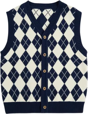 Verdusa Boy's Sweater Vest Button Up Sleeveless Argyle Print Knit V Neck Cardigan Sweaters Top