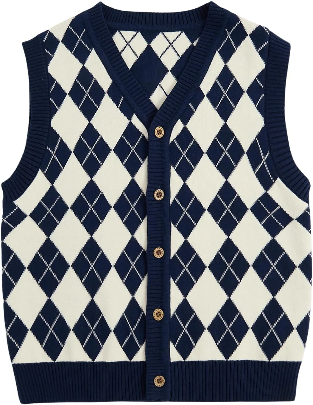 Verdusa Boy's Sweater Vest Button Up Sleeveless Argyle Print Knit V Neck Cardigan Sweaters Top