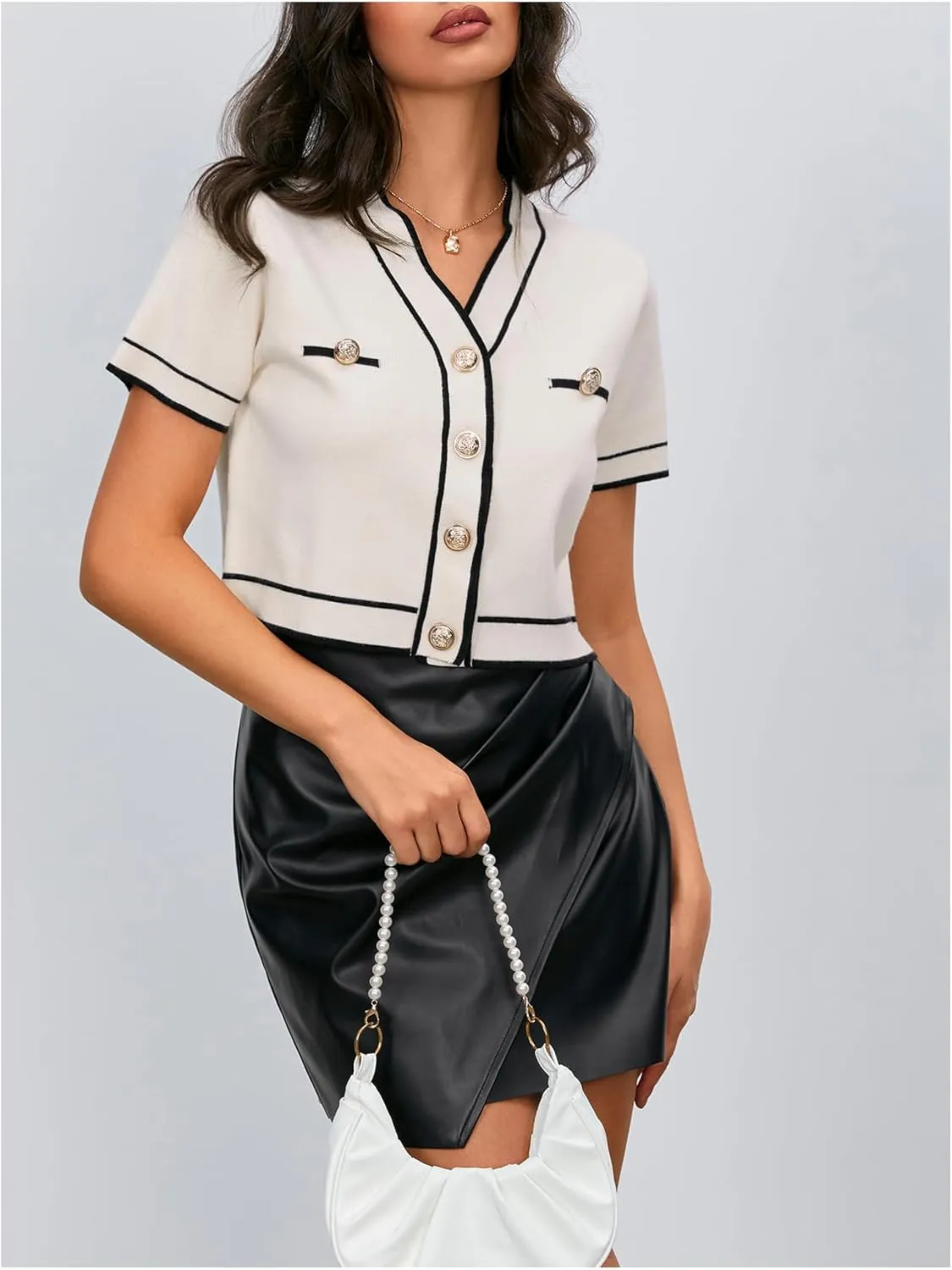 Verdusa Women's Button Down Short Sleeve Striped Trim Sweater Cardigans V Neck Elegant Tops