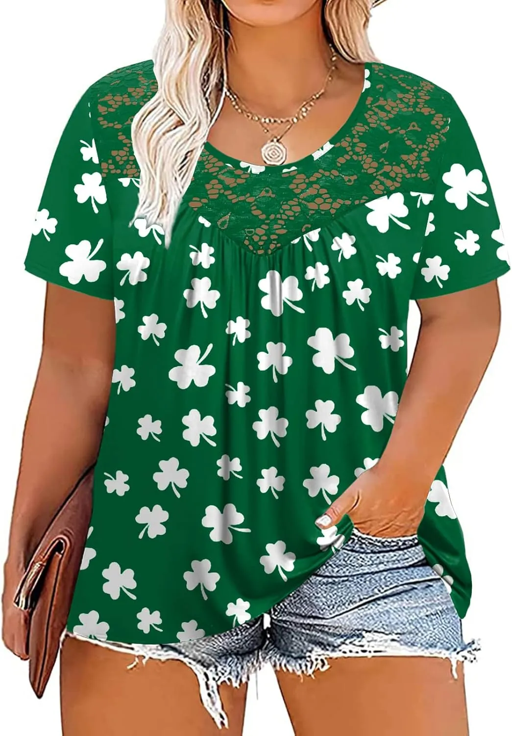 VISLILY Women's-Plus-Size-Tops Summer Lace Tee Shirts Short Sleeve Tunics Flowy Pleated Blouses XL-4XL