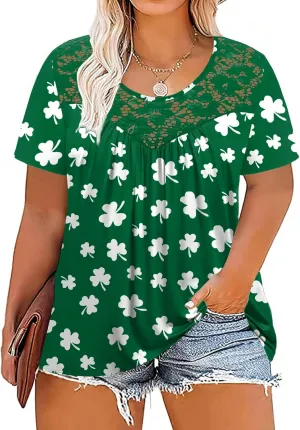 VISLILY Women's-Plus-Size-Tops Summer Lace Tee Shirts Short Sleeve Tunics Flowy Pleated Blouses XL-4XL