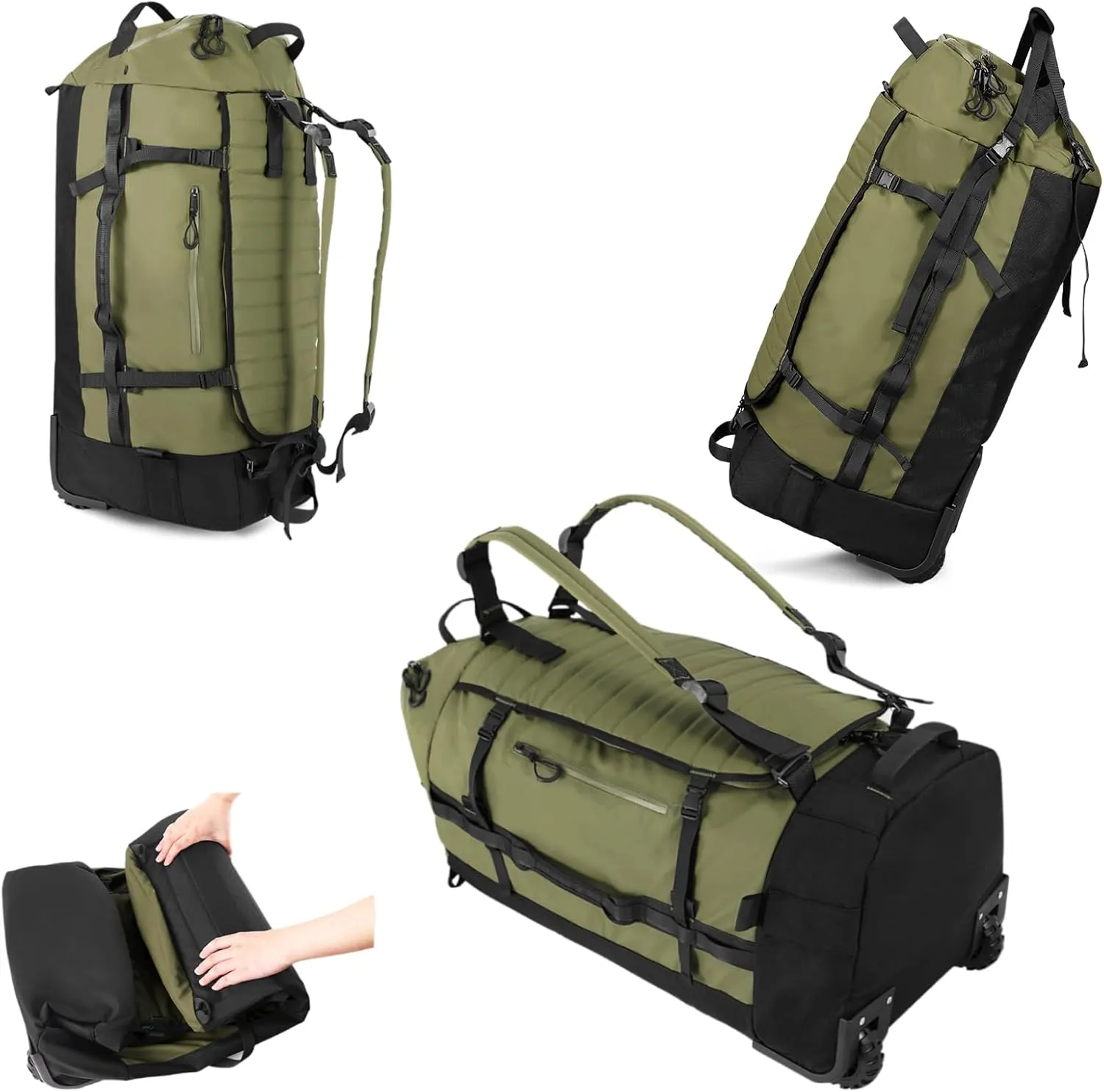 Vomgomfom 86L Collapsible Wheeled Luggage With Removable Backpack Straps,Waterproof Rolling Duffle Bag with Quilted Base,Army Green