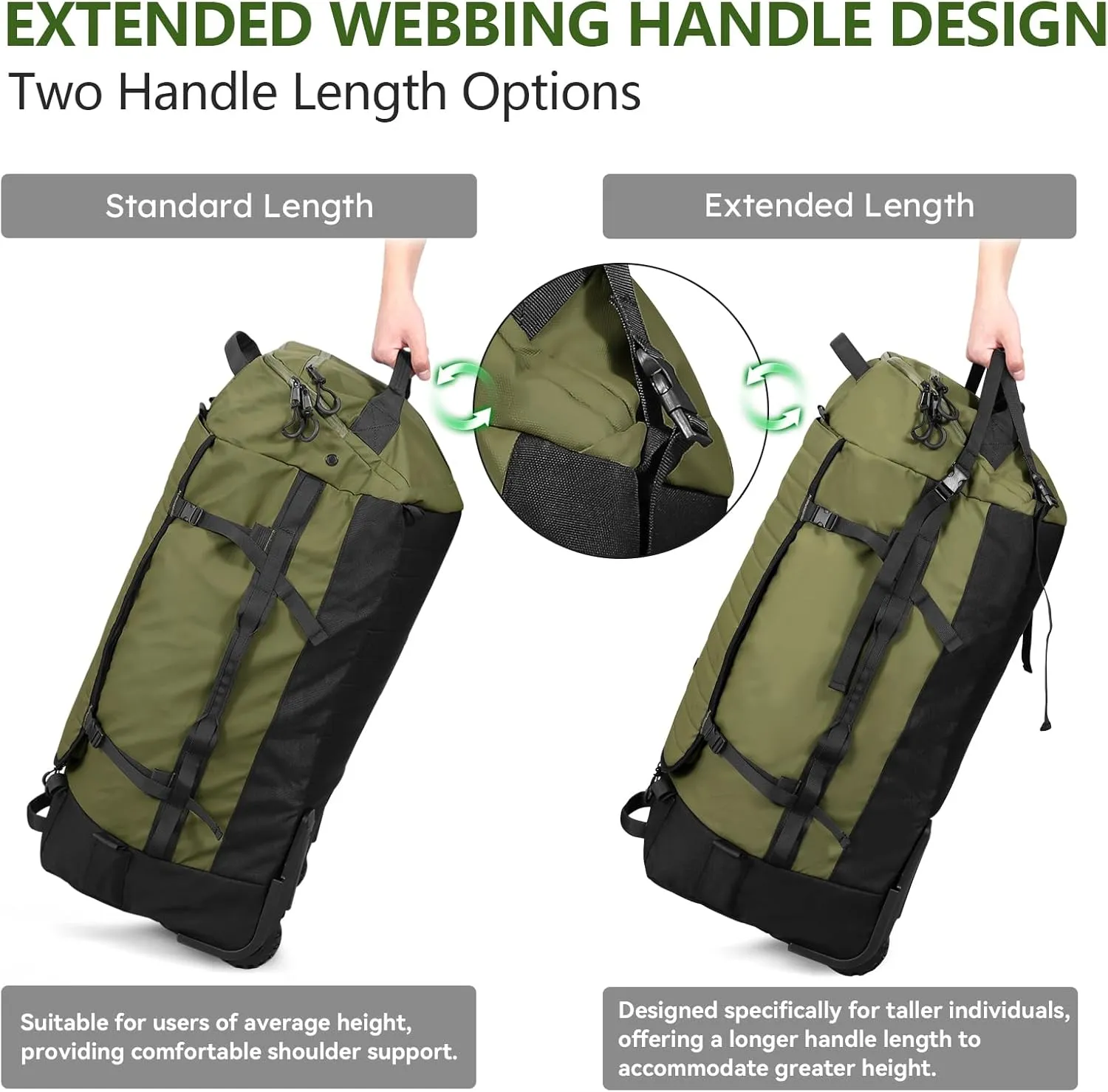 Vomgomfom 86L Collapsible Wheeled Luggage With Removable Backpack Straps,Waterproof Rolling Duffle Bag with Quilted Base,Army Green