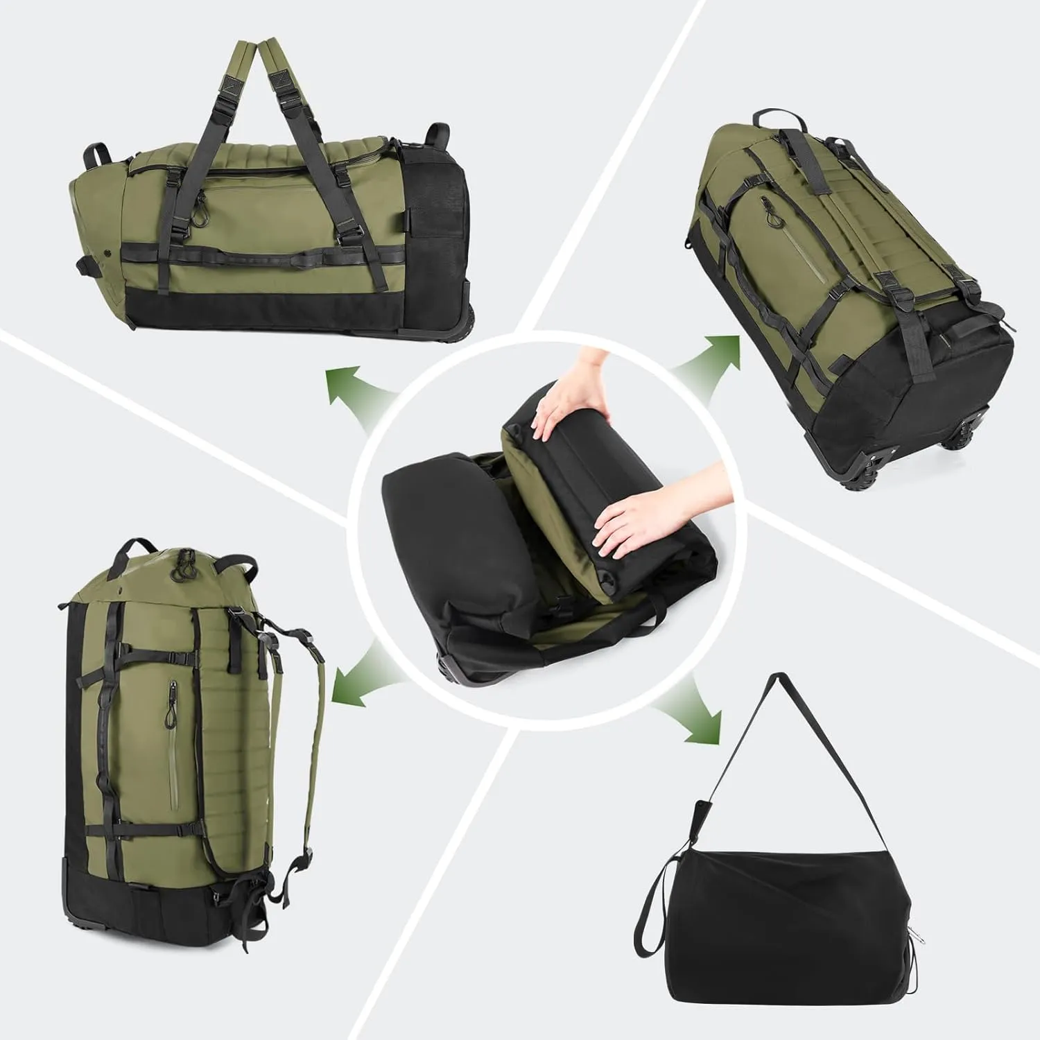 Vomgomfom 86L Collapsible Wheeled Luggage With Removable Backpack Straps,Waterproof Rolling Duffle Bag with Quilted Base,Army Green
