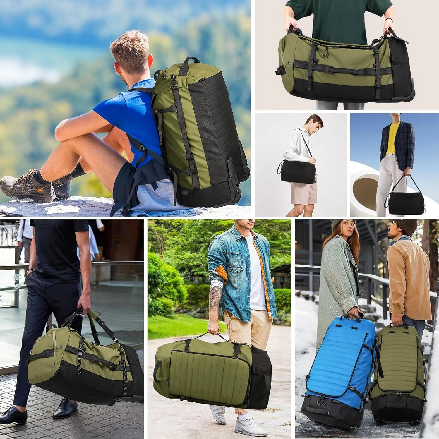 Vomgomfom 86L Collapsible Wheeled Luggage With Removable Backpack Straps,Waterproof Rolling Duffle Bag with Quilted Base,Army Green