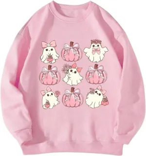 WDIRARA Women's Graphic Print Cute Long Sleeve Cute Sweatshirts Crew Neck Halloween Pullovers