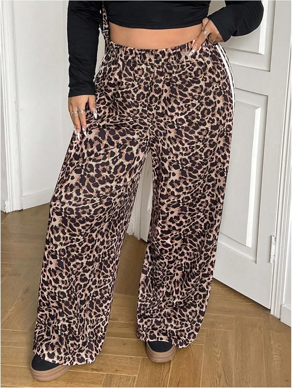 WDIRARA Women's Plus Size Leopard Print Baggy Pants High Rise Elastic Waist Side Strip Trousers