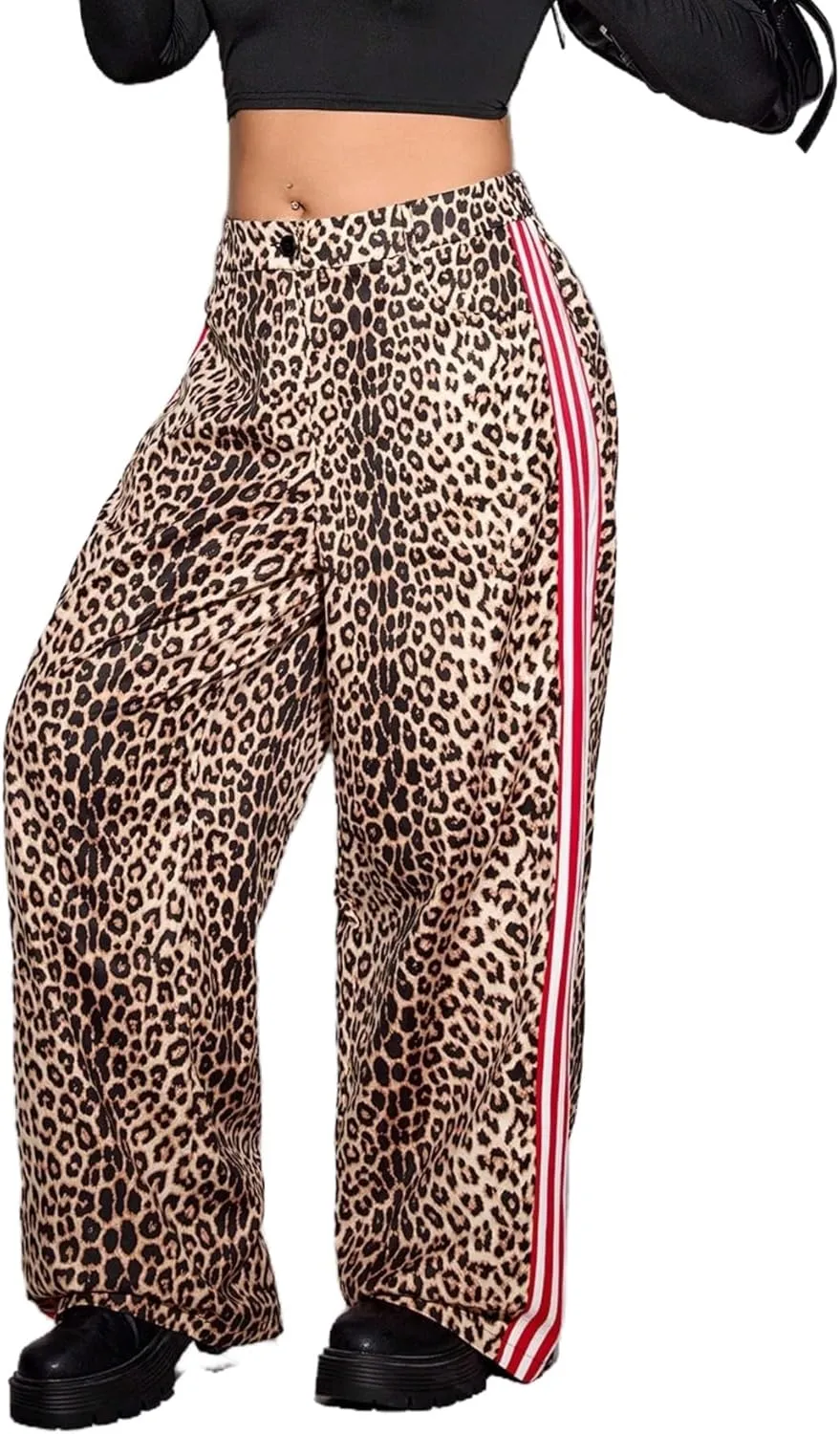 WDIRARA Women's Plus Size Leopard Print Baggy Pants High Rise Elastic Waist Side Strip Trousers