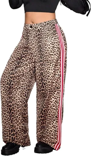 WDIRARA Women's Plus Size Leopard Print Baggy Pants High Rise Elastic Waist Side Strip Trousers