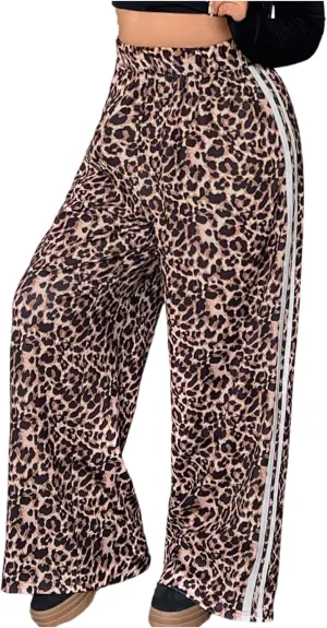 WDIRARA Women's Plus Size Leopard Print Baggy Pants High Rise Elastic Waist Side Strip Trousers