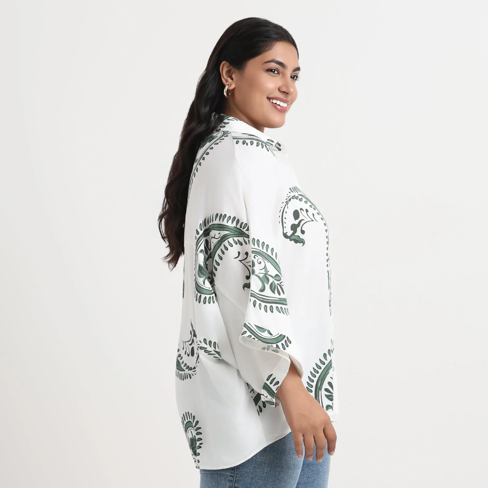 White Paisley Print Plus Size Drop Shoulder Shirt