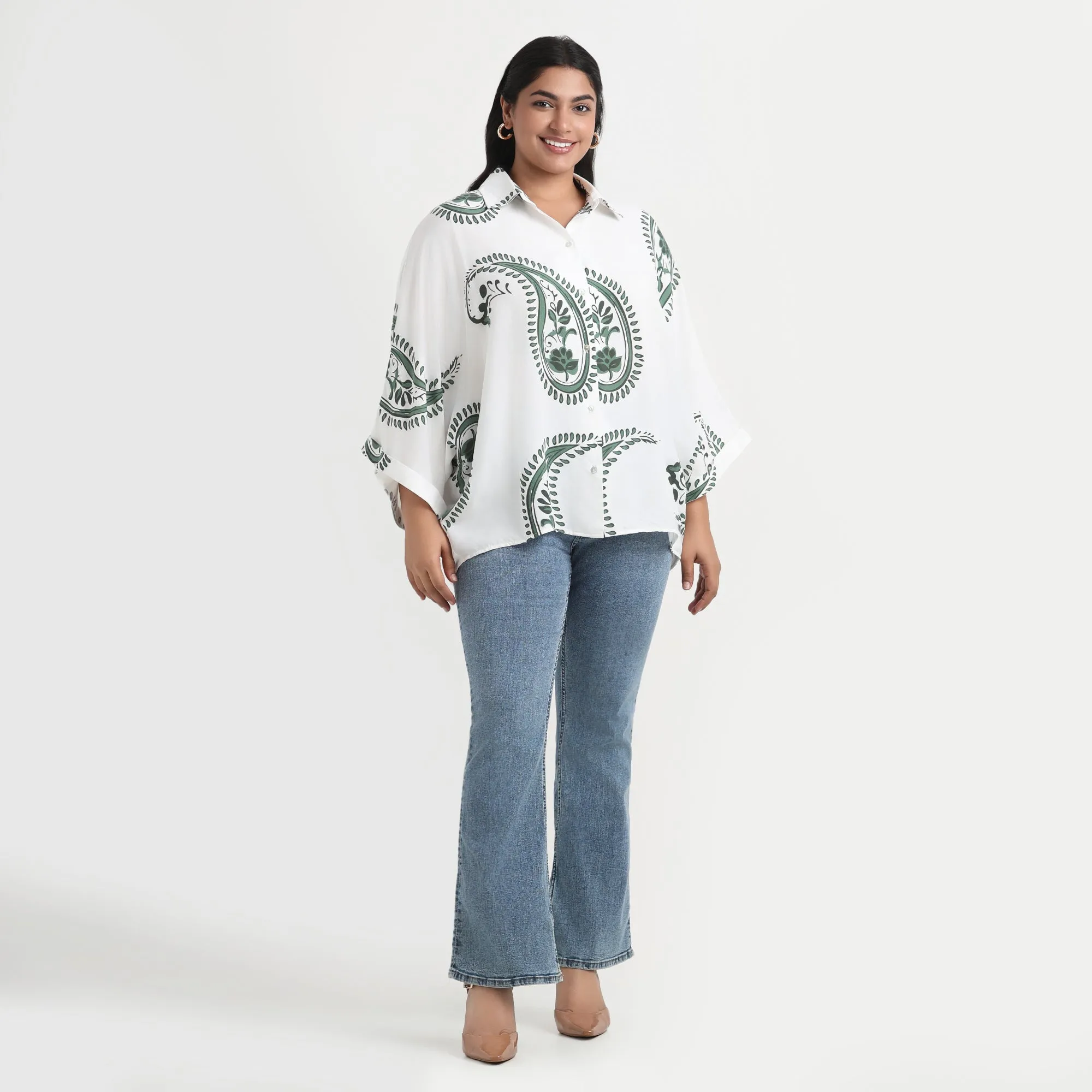 White Paisley Print Plus Size Drop Shoulder Shirt