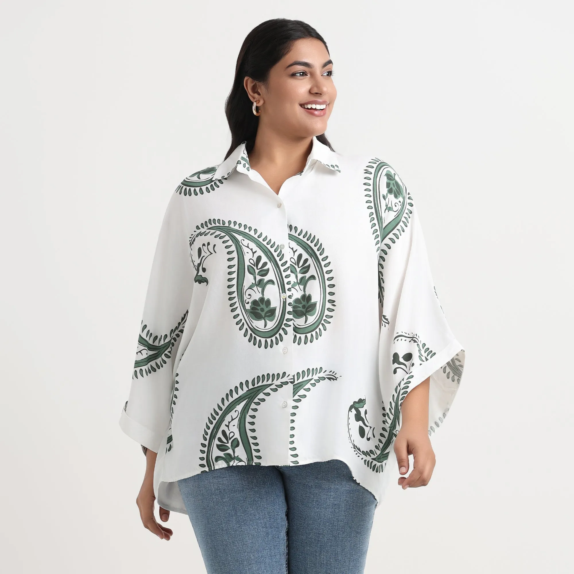 White Paisley Print Plus Size Drop Shoulder Shirt