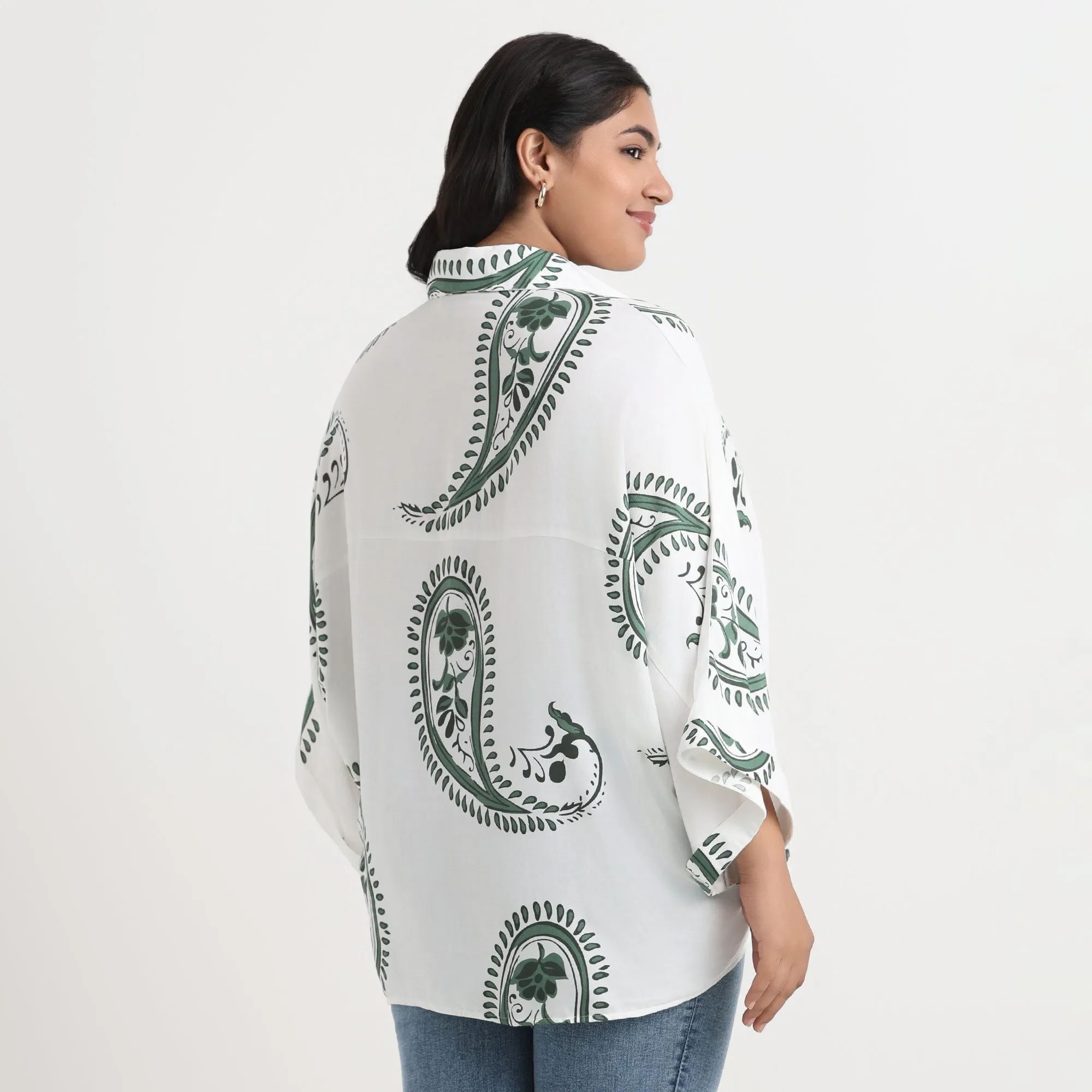 White Paisley Print Plus Size Drop Shoulder Shirt
