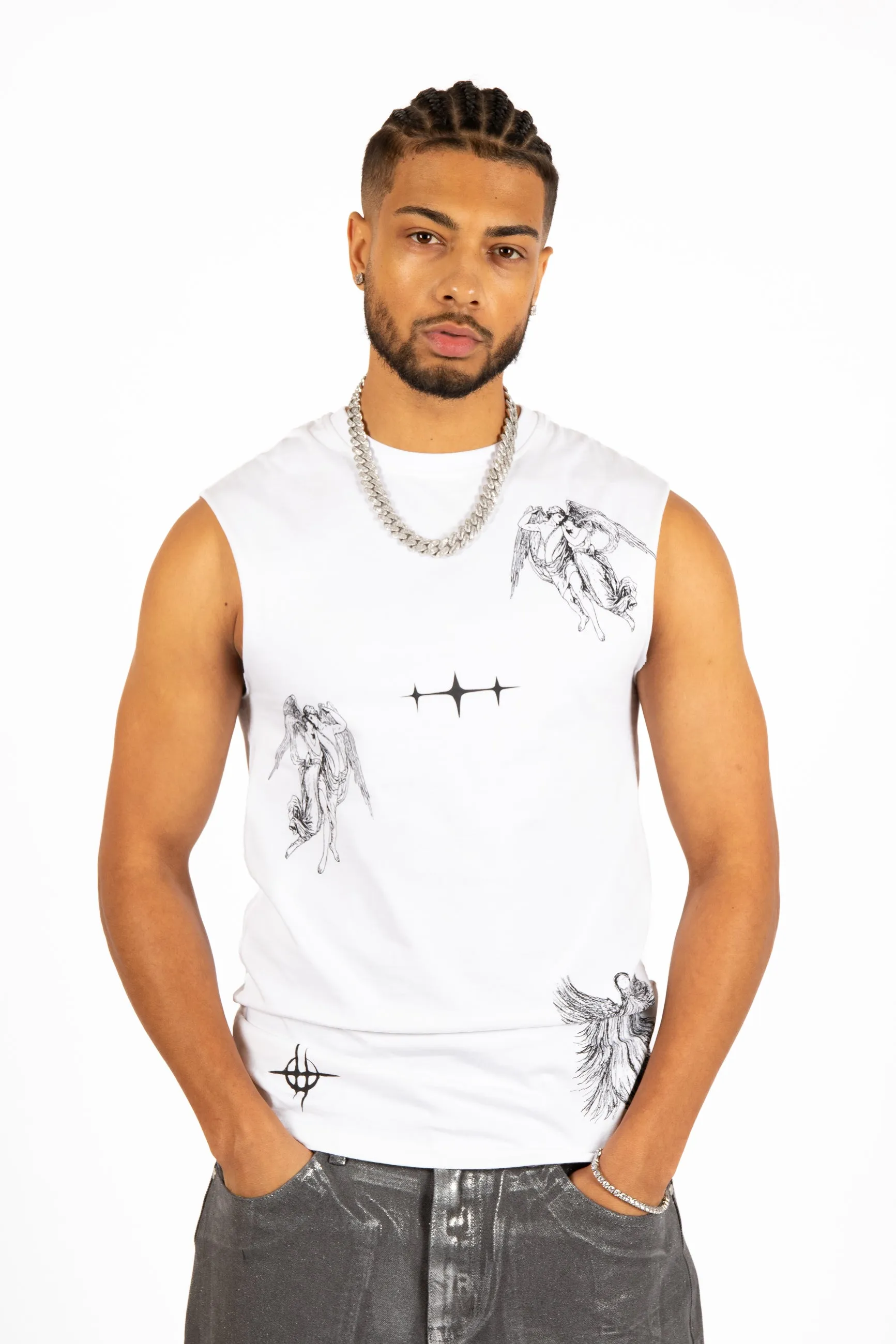 White Printed "Renaissance" Graphic Vest