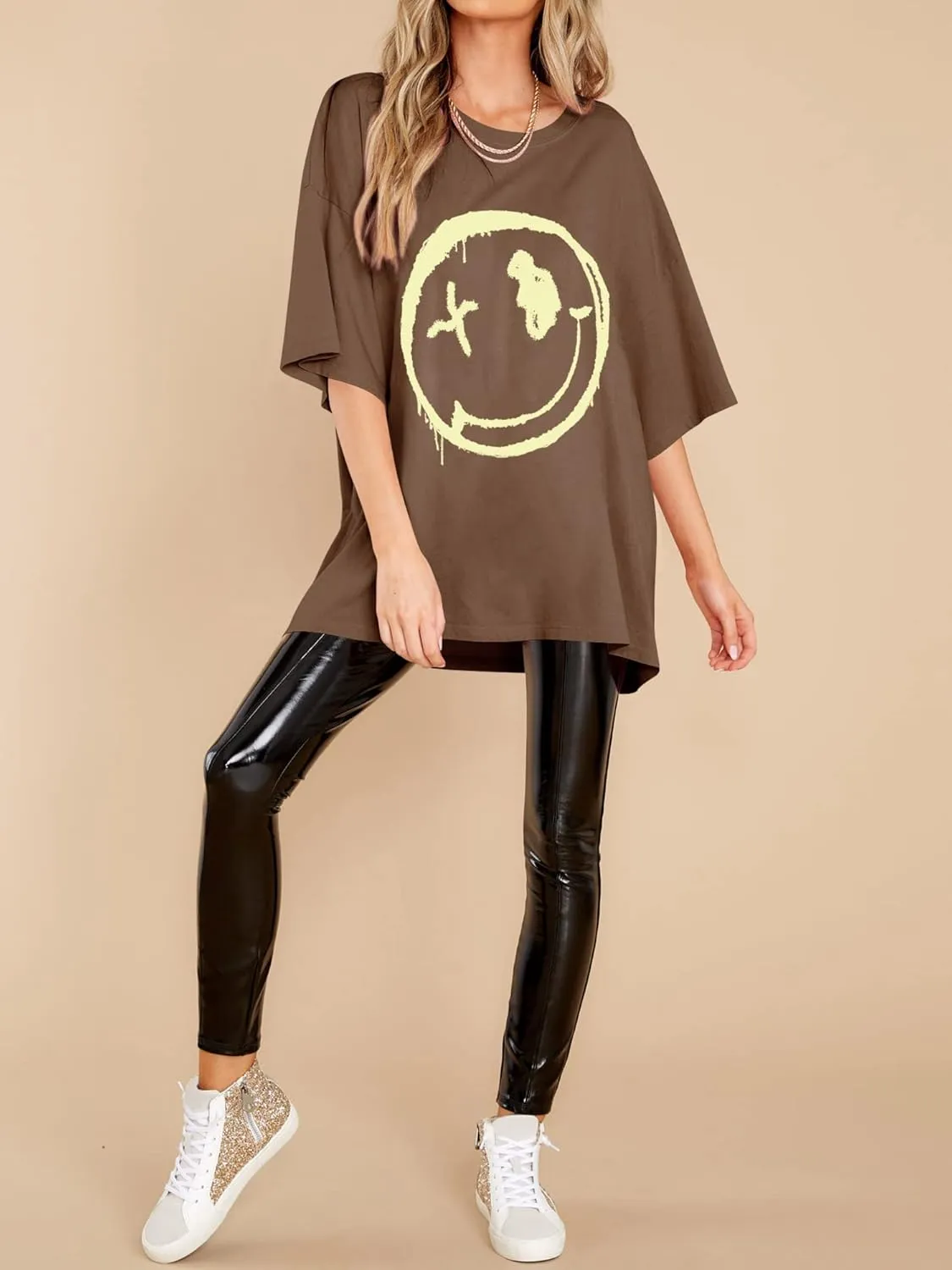 WLLW Women's Drop Shoulder Cute Oversized Graphic Tees Loose Crewneck Half Sleeve Preppy Graphic T Shirts Tops