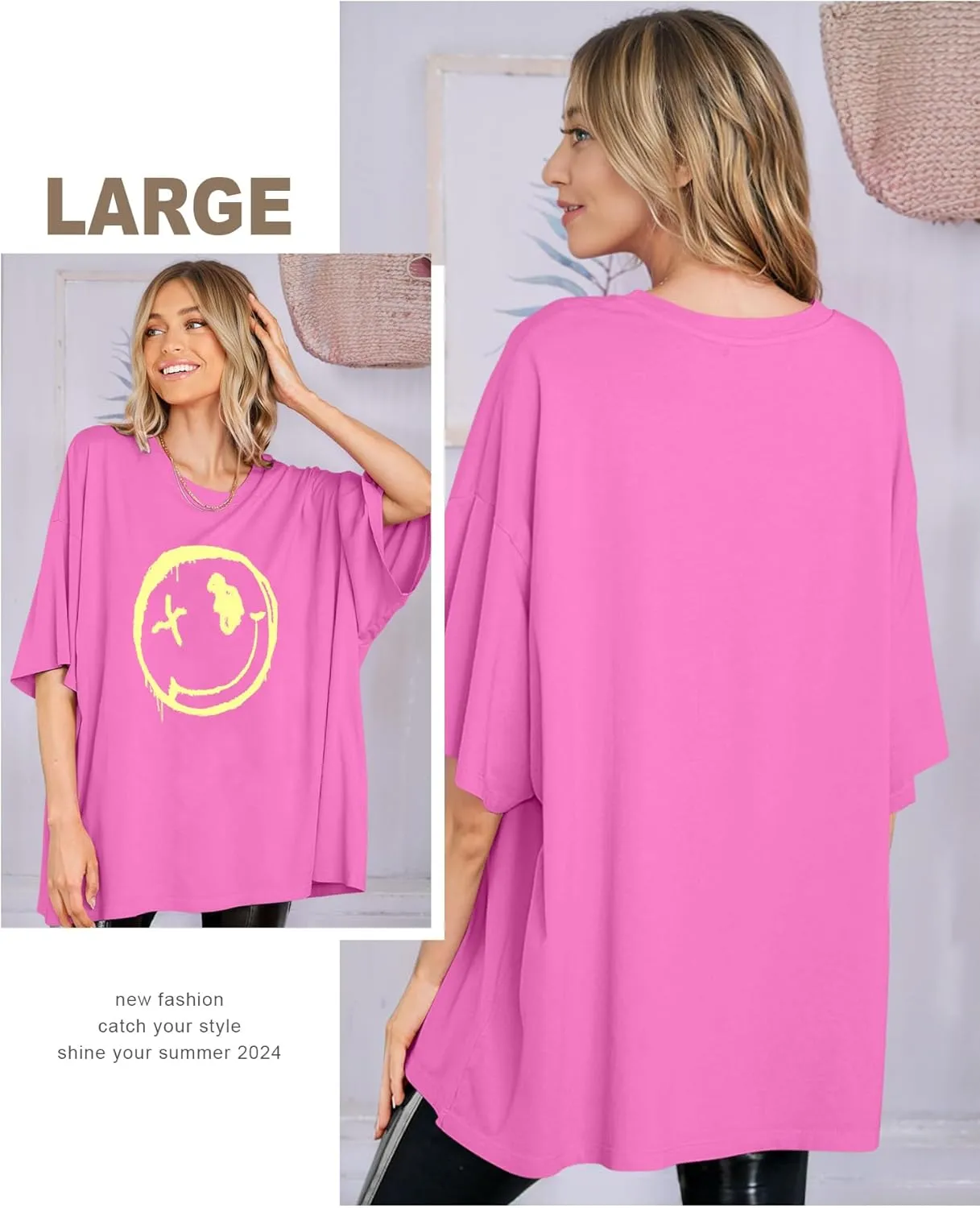 WLLW Women's Drop Shoulder Cute Oversized Graphic Tees Loose Crewneck Half Sleeve Preppy Graphic T Shirts Tops