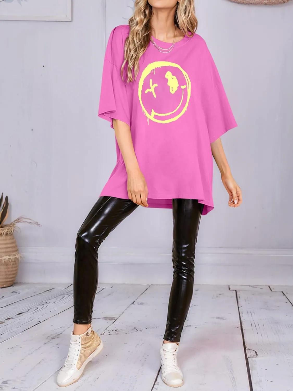 WLLW Women's Drop Shoulder Cute Oversized Graphic Tees Loose Crewneck Half Sleeve Preppy Graphic T Shirts Tops