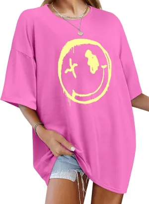WLLW Women's Drop Shoulder Cute Oversized Graphic Tees Loose Crewneck Half Sleeve Preppy Graphic T Shirts Tops