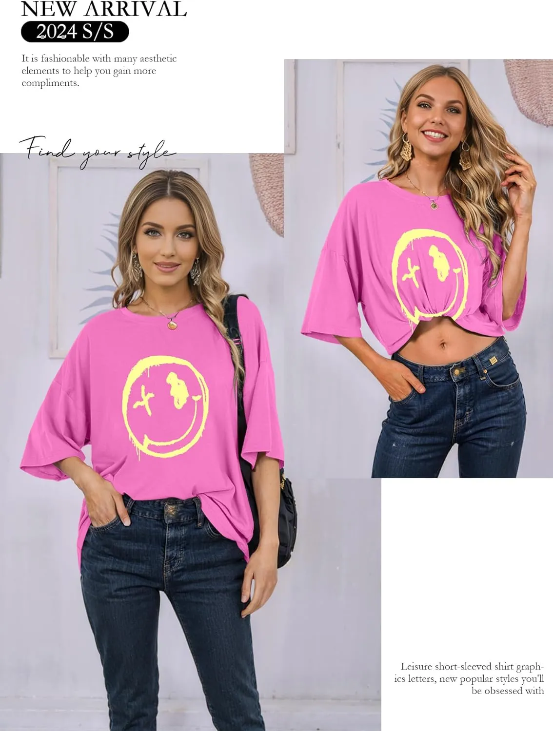 WLLW Women's Drop Shoulder Cute Oversized Graphic Tees Loose Crewneck Half Sleeve Preppy Graphic T Shirts Tops