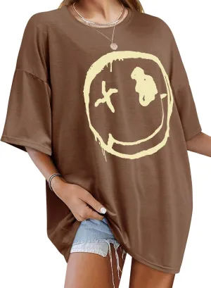 WLLW Women's Drop Shoulder Cute Oversized Graphic Tees Loose Crewneck Half Sleeve Preppy Graphic T Shirts Tops