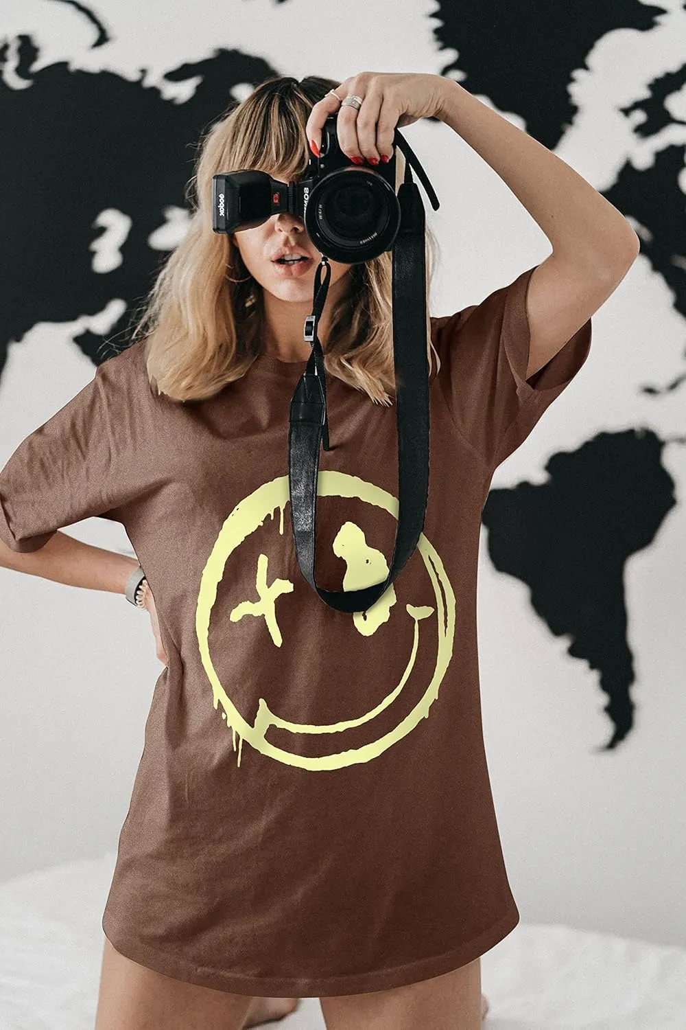 WLLW Women's Drop Shoulder Cute Oversized Graphic Tees Loose Crewneck Half Sleeve Preppy Graphic T Shirts Tops