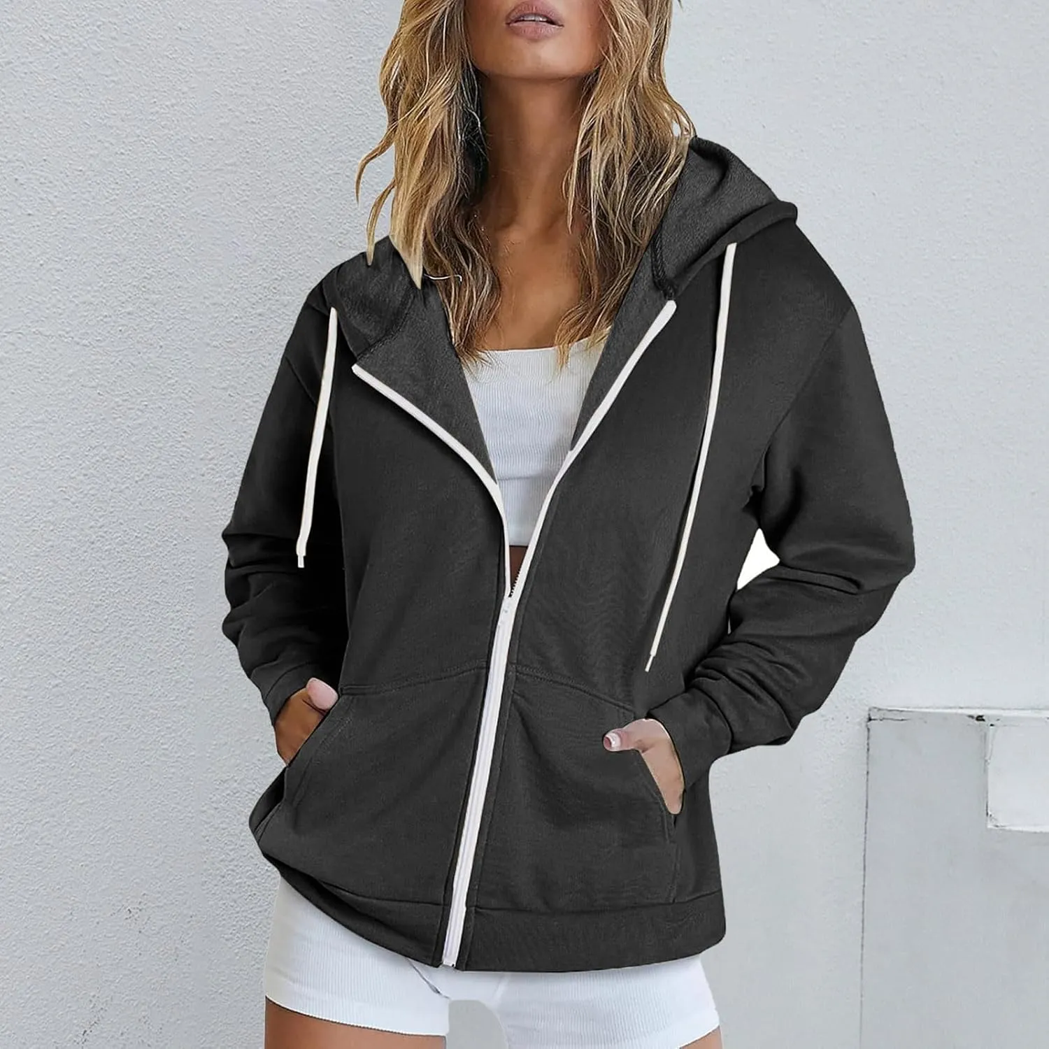 Women 2023 Sweatshirt Jackets Casual Long Sleeve Hoodies Full Zip Solid Cardigan Coats Outerwear with Pockets