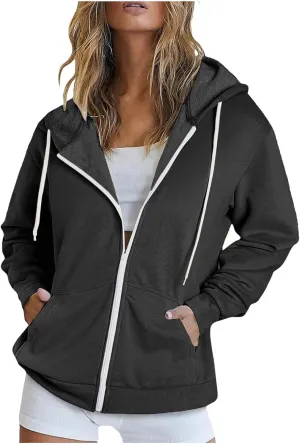 Women 2023 Sweatshirt Jackets Casual Long Sleeve Hoodies Full Zip Solid Cardigan Coats Outerwear with Pockets