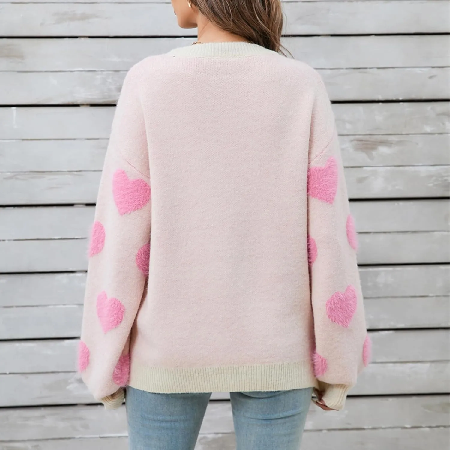 Women Cute Heart Sweater Knitted Love Sweater Casual Loose Long Sleeve Crewneck Pullover