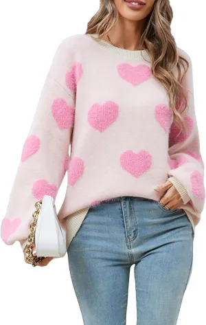 Women Cute Heart Sweater Knitted Love Sweater Casual Loose Long Sleeve Crewneck Pullover