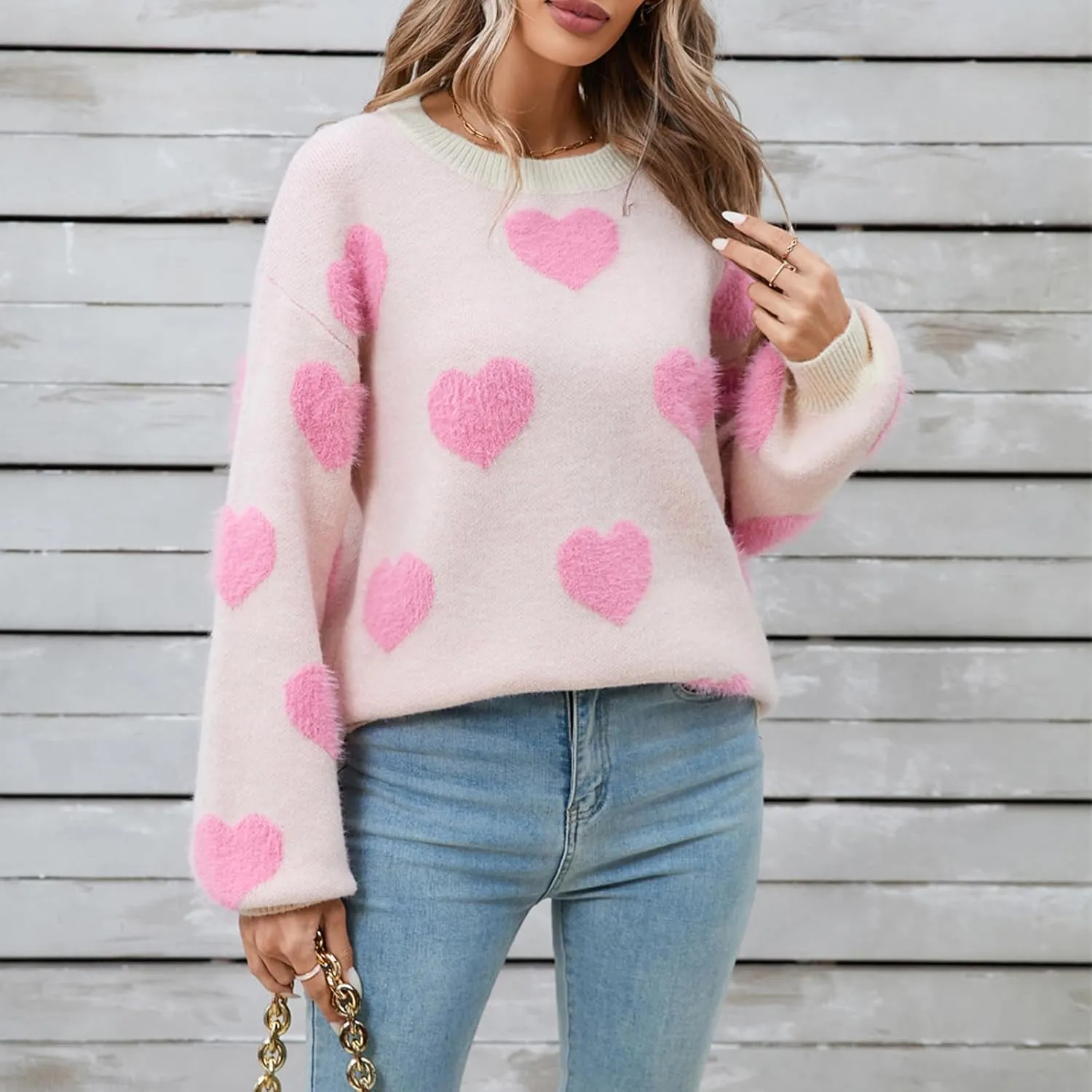 Women Cute Heart Sweater Knitted Love Sweater Casual Loose Long Sleeve Crewneck Pullover