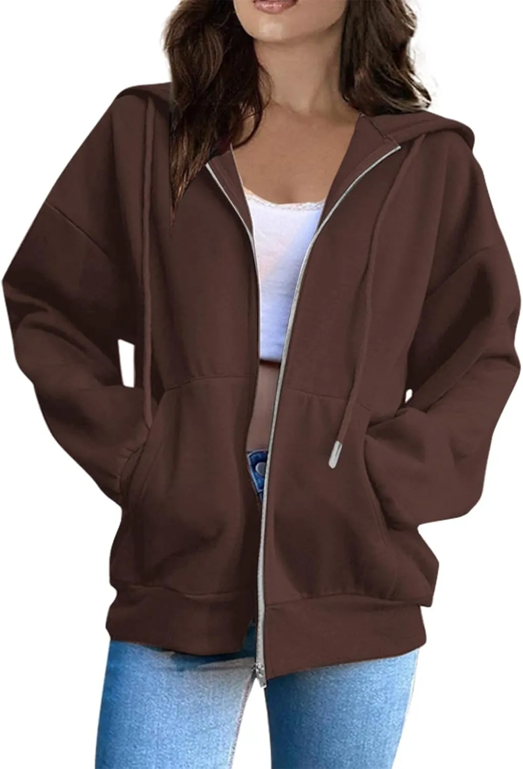 Women Fleece Full Zip Up Hoodie Baggy Drawstring Zipper Sweatshirt Jacket Lightweight Comfy Fall Winter Outfits Coats