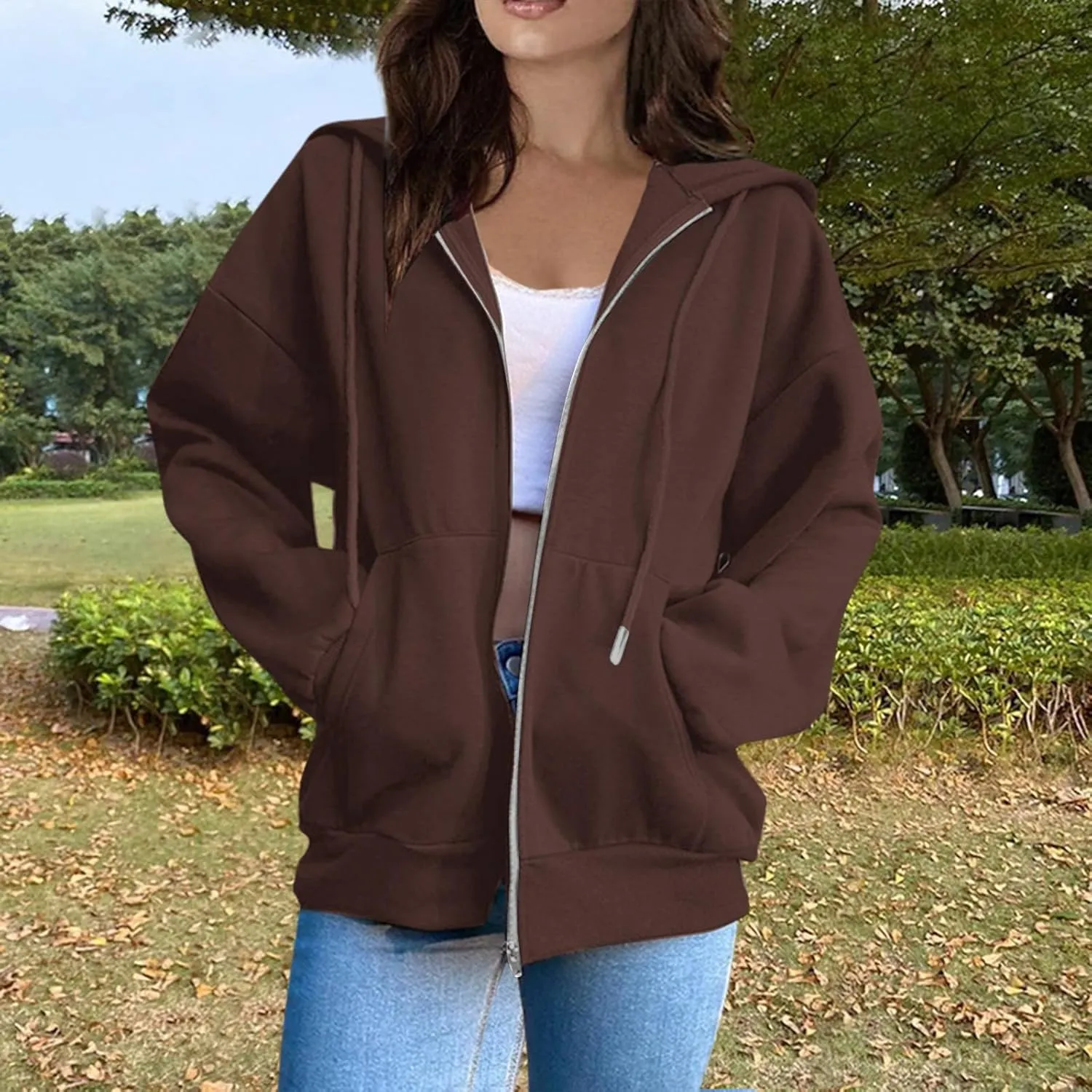Women Fleece Full Zip Up Hoodie Baggy Drawstring Zipper Sweatshirt Jacket Lightweight Comfy Fall Winter Outfits Coats