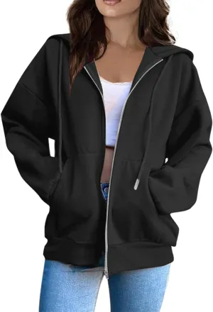 Women Fleece Full Zip Up Hoodie Baggy Drawstring Zipper Sweatshirt Jacket Lightweight Comfy Fall Winter Outfits Coats