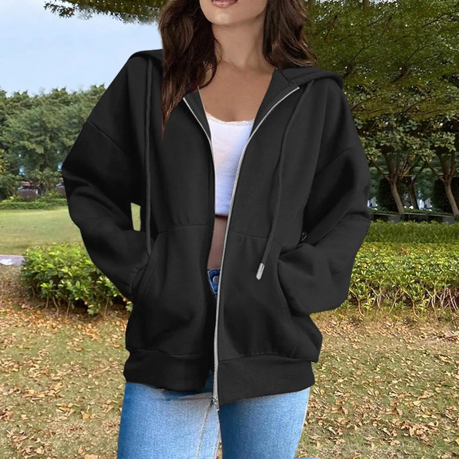 Women Fleece Full Zip Up Hoodie Baggy Drawstring Zipper Sweatshirt Jacket Lightweight Comfy Fall Winter Outfits Coats