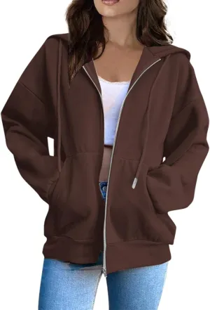 Women Fleece Full Zip Up Hoodie Baggy Drawstring Zipper Sweatshirt Jacket Lightweight Comfy Fall Winter Outfits Coats