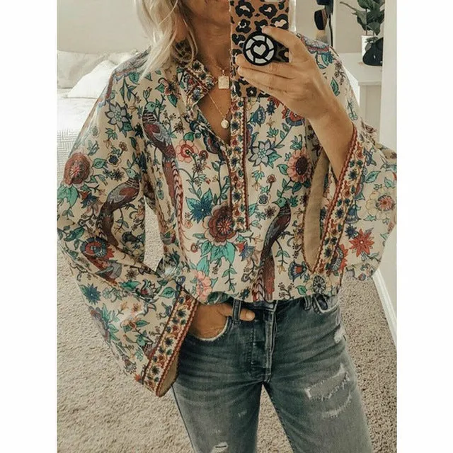 Women Floral V-neck Long Sleeve Peacock Print Shirt Charming Women Top