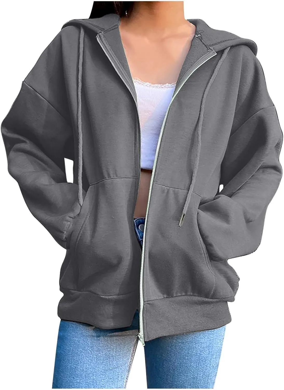 Women Hooded Full Zip Drawstring Sweatshirts Long Sleeve Oversized Casual Lightweight Jacket Winter Fashion Outfits