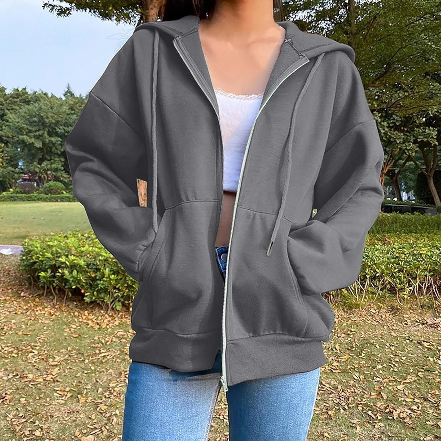 Women Hooded Full Zip Drawstring Sweatshirts Long Sleeve Oversized Casual Lightweight Jacket Winter Fashion Outfits