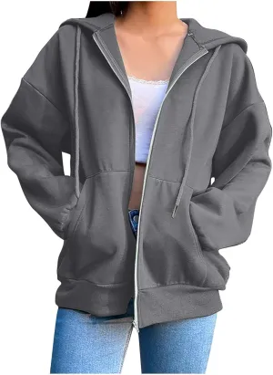 Women Hooded Full Zip Drawstring Sweatshirts Long Sleeve Oversized Casual Lightweight Jacket Winter Fashion Outfits