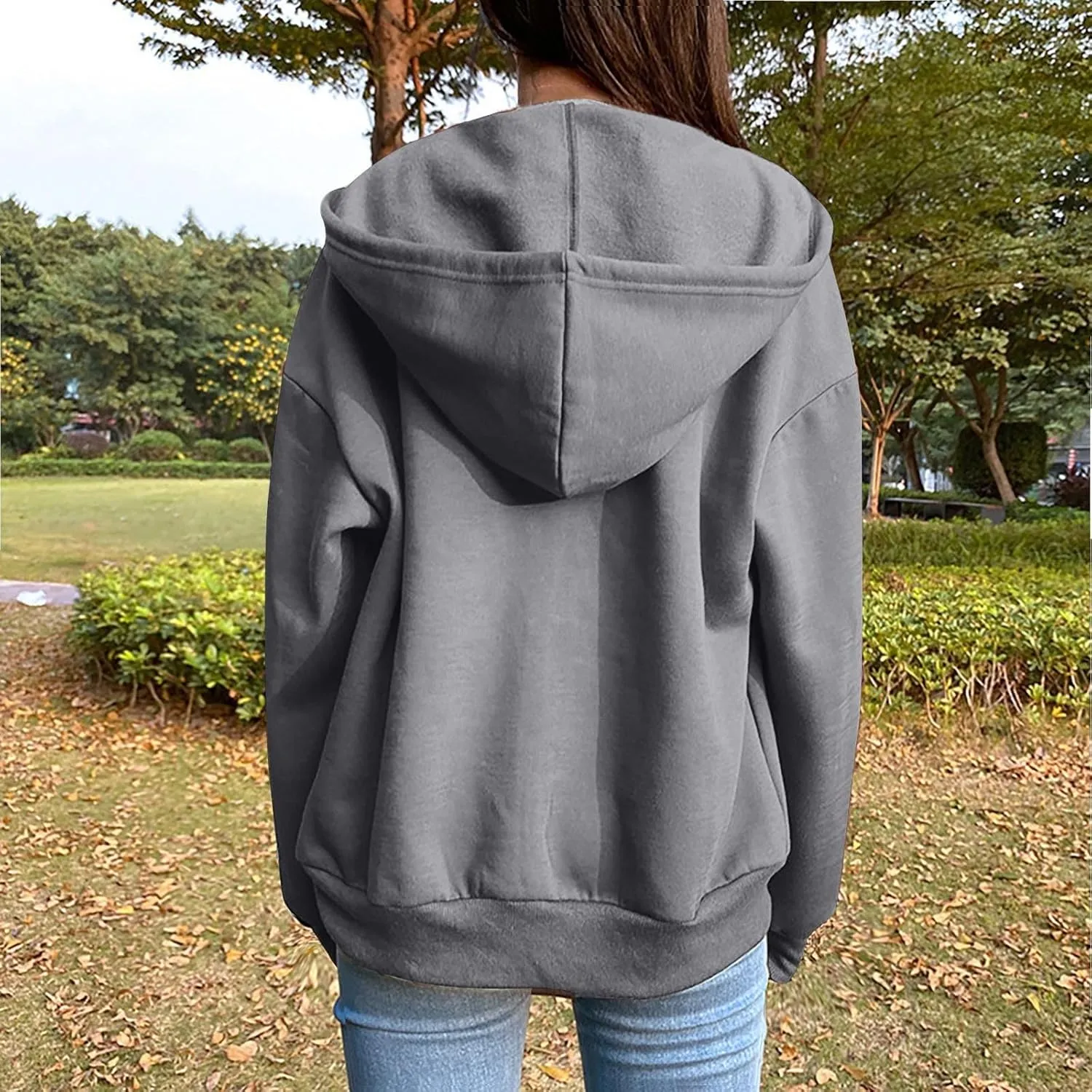 Women Hooded Full Zip Drawstring Sweatshirts Long Sleeve Oversized Casual Lightweight Jacket Winter Fashion Outfits