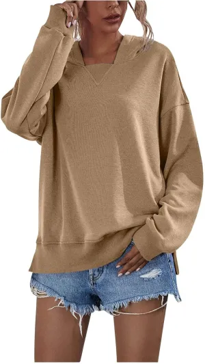 Women Hoodies Casual Long Sleeve Sweatshirt Solid Color Loose Pullover Tops 2023 Plus Size Fall Blouses Shirts